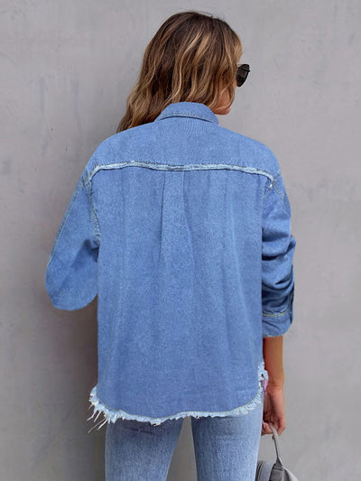 BEAUTIFUL I AM Pocketed Collared Neck Long Sleeve Denim Shirt