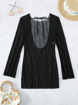 BEAUTIFUL I AM Backless Tied Round Neck Long Sleeve Cover Up Dress