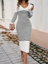 BEAUTIFUL I AM Striped V-Neck Long Sleeve Sweater Dress