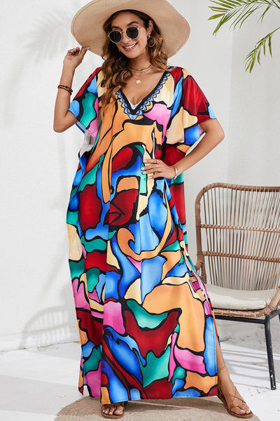 BEAUTIFUL I AM Slit Printed V-Neck Short Sleeve Cover Up Dress