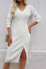 BEAUTIFUL I AM Slit V-Neck Long Sleeve Midi Dress