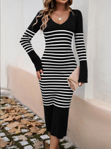 BEAUTIFUL I AM Striped V-Neck Long Sleeve Sweater Dress