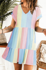 BEAUTIFUL I AM Color Block V-Neck Short Sleeve Mini Dress