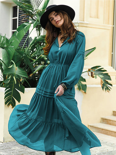 BEAUTIFUL I AM Tie Neck Long Sleeve Midi Tiered Dress