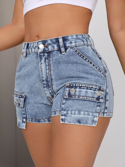 BEAUTIFUL I AM Mid-Rise Waist Denim Shorts with Pockets