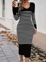 BEAUTIFUL I AM Striped V-Neck Long Sleeve Sweater Dress