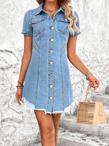 BEAUTIFUL I AM Raw Hem Button Up Short Sleeve Denim Dress