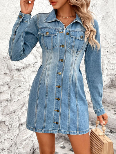 BEAUTIFUL I AM Pocketed Button Up Long Sleeve Denim Dress