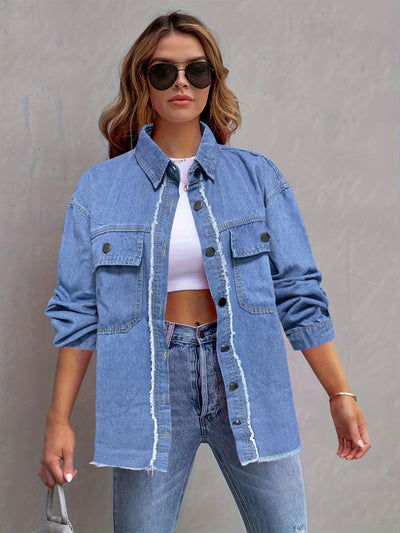 BEAUTIFUL I AM Pocketed Collared Neck Long Sleeve Denim Shirt