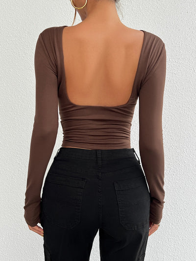 BEAUTIFUL I AM Backless Round Neck Long Sleeve Shirt