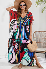 BEAUTIFUL I AM Slit Printed V-Neck Short Sleeve Cover Up Dress