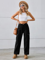 BEAUTIFUL I AM Drawstring Mid-Rise Waist Straight Cargo Jeans