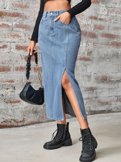 BEAUTIFUL I AM Slit High Waist Denim Skirt Dress with Pockets