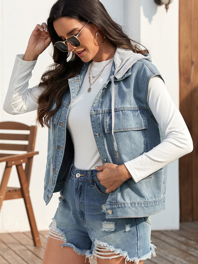 BEAUTIFUL I AM Drawstring Button Up Sleeveless Denim Jacket