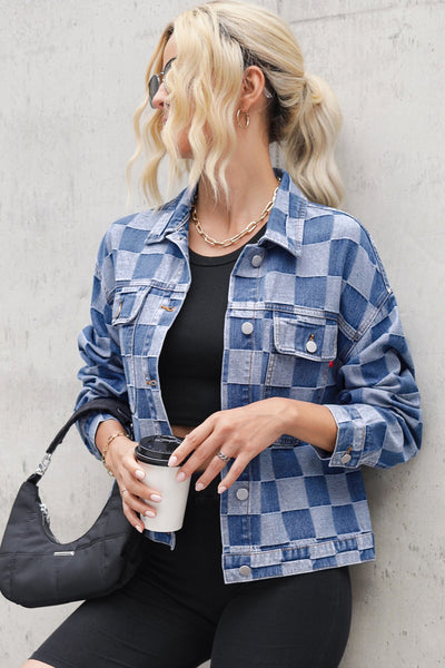 BEAUTIFUL I AM Checkered Button Up Long Sleeve Denim Jacket