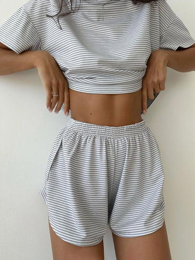 BEAUTIFUL I AM Striped Round Neck Top and Shorts Set