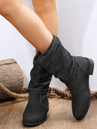 BEAUTIFUL I AM Double Buckle Block Heel Boots Shoes