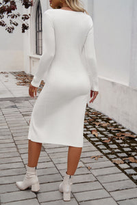 BEAUTIFUL I AM Slit V-Neck Long Sleeve Midi Dress