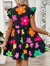 BEAUTIFUL I AM Ruffled Printed Notched Cap Sleeve Dress