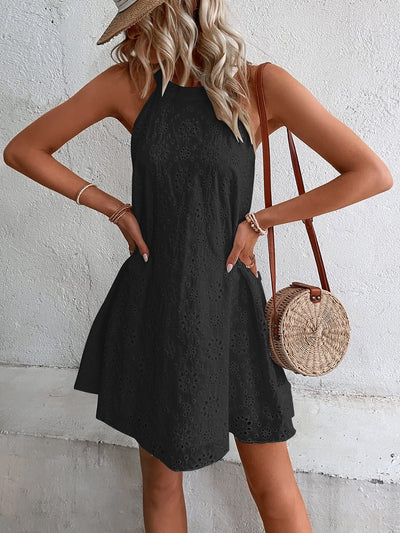 BEAUTIFUL I AM Eyelet Grecian Neck Mini Dress