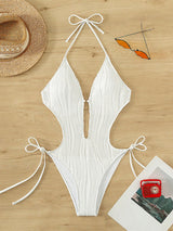 BEAUTIFUL I AM Textured Cutout Tied One-Piece Swim Set Swimwear