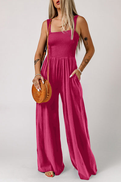 BEAUTIFUL I AM Smocked Square Neck Wide Leg Pants Jumpsuit with Pockets