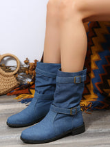 BEAUTIFUL I AM Double Buckle Block Heel Boots Shoes