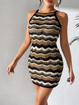 BEAUTIFUL I AM Openwork Striped Spaghetti Strap Knit Dress