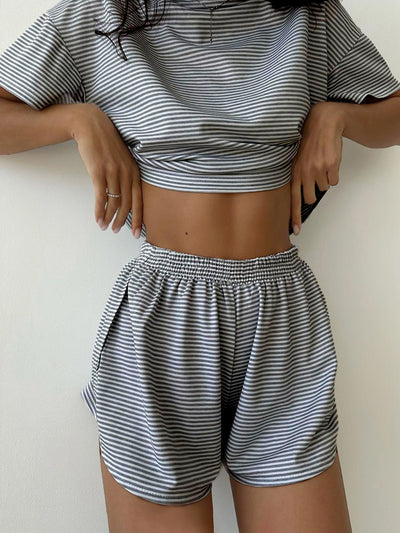 BEAUTIFUL I AM Striped Round Neck Top and Shorts Set