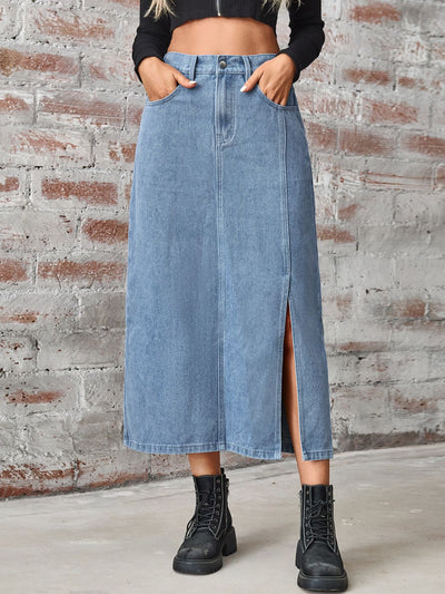 BEAUTIFUL I AM Slit High Waist Denim Skirt Dress with Pockets