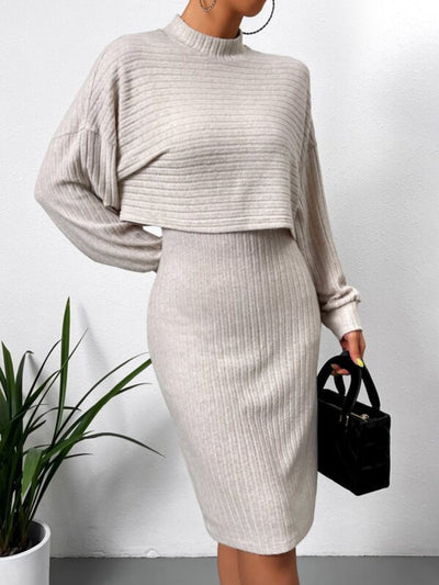 BEAUTIFUL I AM Mock Neck Long Sleeve Top and Wide Strap Dress Set