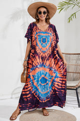 BEAUTIFUL I AM Slit Printed V-Neck Short Sleeve Cover Up Dress