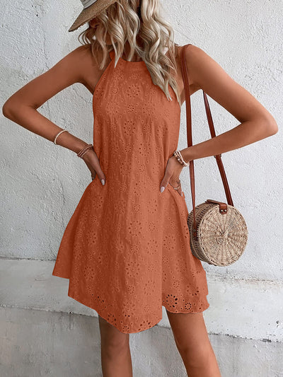 BEAUTIFUL I AM Eyelet Grecian Neck Mini Dress