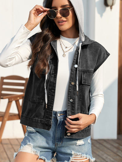 BEAUTIFUL I AM Drawstring Button Up Sleeveless Denim Jacket