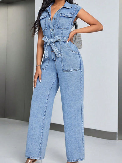 BEAUTIFUL I AM Tied Half Button Denim Pants Jumpsuit with Pockets