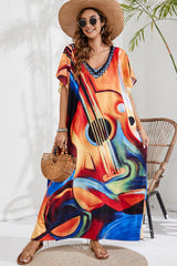 BEAUTIFUL I AM Slit Printed V-Neck Short Sleeve Cover Up Dress