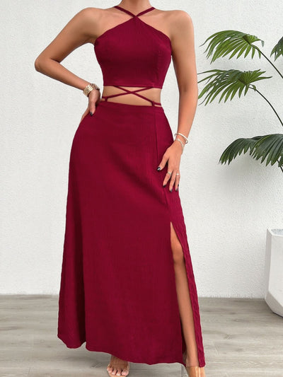 BEAUTIFUL I AM Grecian Neck Top and Slit Skirt Dress Set