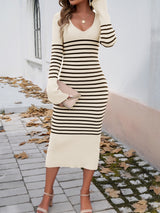 BEAUTIFUL I AM Striped V-Neck Long Sleeve Sweater Dress