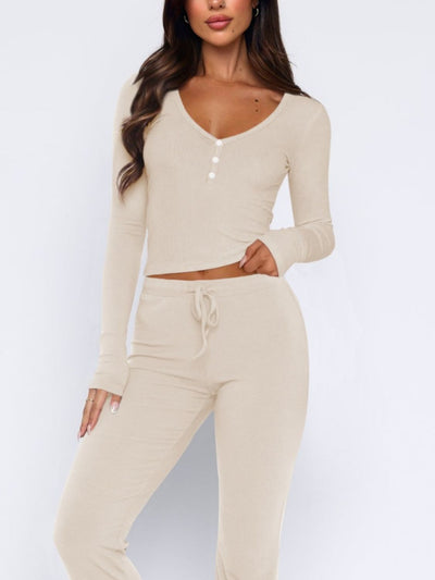 BEAUTIFUL I AM V-Neck Long Sleeve Shirt Top and Pants Set