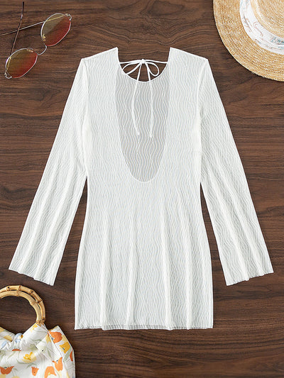 BEAUTIFUL I AM Backless Tied Round Neck Long Sleeve Cover Up Dress