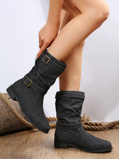 BEAUTIFUL I AM Double Buckle Block Heel Boots Shoes