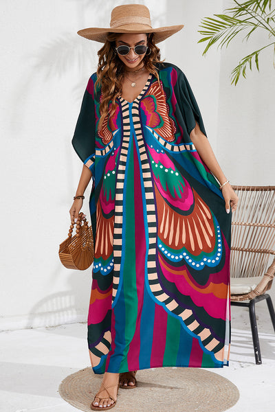 BEAUTIFUL I AM Slit Printed V-Neck Short Sleeve Cover Up Dress