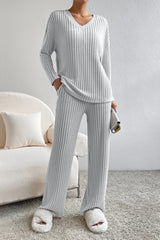 BEAUTIFUL I AM Ribbed V-Neck Top and Pants Set