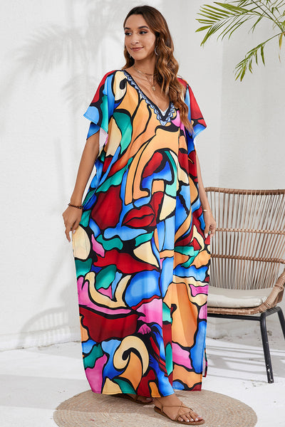 BEAUTIFUL I AM Slit Printed V-Neck Short Sleeve Cover Up Dress