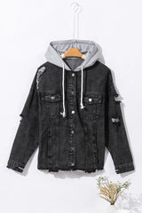 BEAUTIFUL I AM Distressed Drawstring Long Sleeve Hooded Denim Jacket