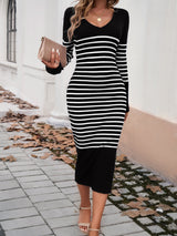 BEAUTIFUL I AM Striped V-Neck Long Sleeve Sweater Dress