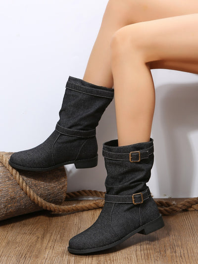 BEAUTIFUL I AM Double Buckle Block Heel Boots Shoes