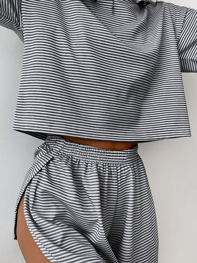 BEAUTIFUL I AM Striped Round Neck Top and Shorts Set