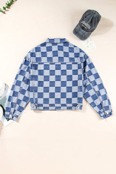 BEAUTIFUL I AM Checkered Button Up Long Sleeve Denim Jacket