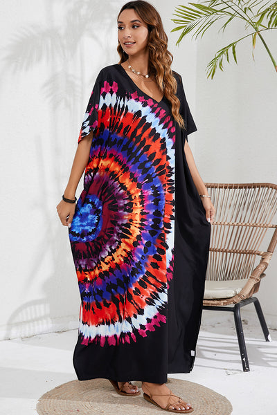 BEAUTIFUL I AM Slit Printed V-Neck Short Sleeve Cover Up Dress